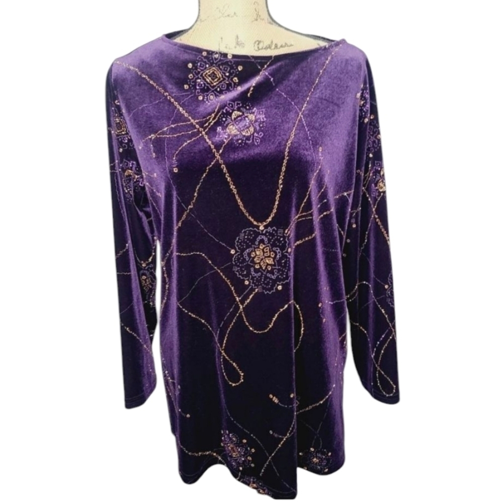 Vintage 90s Dark Romantic Purple Velvet Metallic Glitter Stretch Shirt
